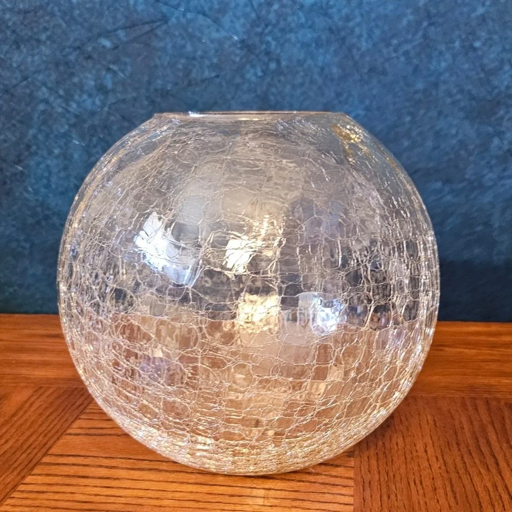 Vintage Handcrafted Clear Crackle Glass Rose Bowl Vase 12 inch Round Centerpiece